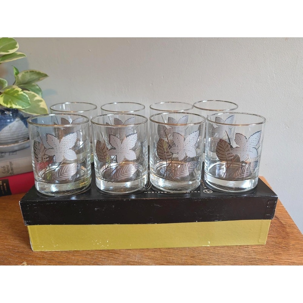 Vintage Libbey Platinum Leaves Double Old Fashioned Glasses Set of 8 MCM 13oz